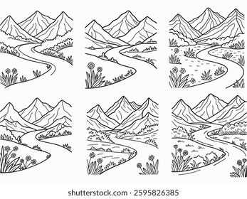Set of Hand-Drawn outline Mountain Scenery Illustrations