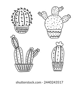 A set of hand-drawn outline vector cacti isolated on white background. Doodle style illustration of spiny plants, blooming cactus, succulent plants in ceramic pots. Home plants, mexico cactus flower.