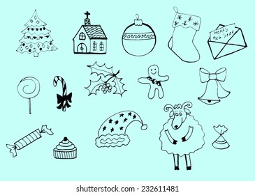 Set of Hand-drawn Outlined Christmas Doodle Icons. Xmas Vector Illustration. Party Elements, Cartoons 