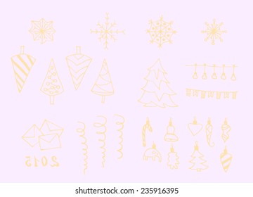 Set of Hand-drawn Outlined Christmas Doodle Icons. Xmas Vector Illustration. Party Elements, Cartoons 