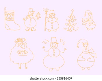 Set of Hand-drawn Outlined Christmas Doodle Icons. Xmas Vector Illustration. Party Elements, Cartoons 