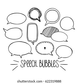 Set of hand-drawn oval speech bubbles, black and white vector abstract illustration of rounded speech bubbles, EPS 8