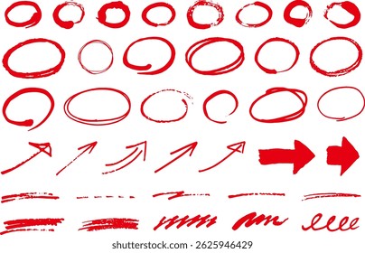Conjunto de ovais, setas e linhas desenhadas à mão. Decoração estilo Doodle. Ilustração vetorial de formas.