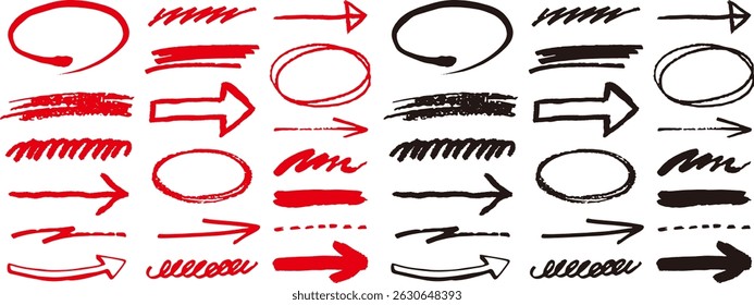 Conjunto de ovais, setas e linhas desenhadas à mão. Decoração estilo Doodle. Ilustração vetorial de formas.