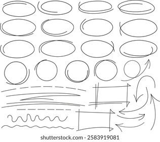 A set of hand-drawn ovals, circles, arrows, and lines. Perfect for highlighting, annotations, design, and creative projects. Black sketch elements on a white background.