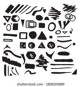 Set of hand-drawn paintbrush strokes: rectangles, squares, triangles, lines. Black splatters, grungy design elements. Vector.