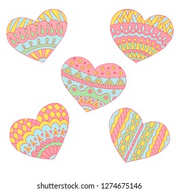 Set of hand-drawn and painted beautiful hearts for Valentine's day, on white background