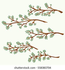 Set of hand-drawn and painted branches with leaves. Vector graphics.