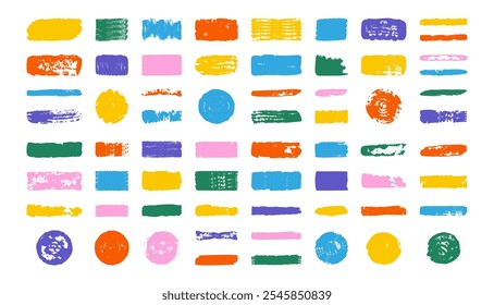 A set of hand-drawn painted brush strokes, circles, and boxes. Texture paint colorful frames—abstract brush frames and circles for text, banners, or design -vector grunge colorful ink brush strokes.