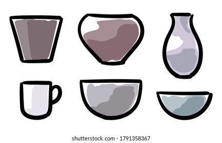 Set of hand-drawn and painted ceramic pots and vases
