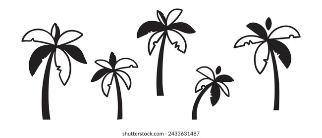 Set of hand-drawn palm tree, tropical, summer elements, vector flat illustration isolated on white background.