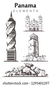 Conjunto de elementos de los edificios panameños dibujados a mano esbozan ilustración vectorial. Panamá Viejo, el Museo Biológico, Tower Revolution.