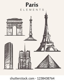 Set of hand-drawn Paris buildings.Paris elements sketch vector illustration.Eiffel tower Triumphal arch,Notre Dame,Place De La Bastille,Montparnasse Tower.