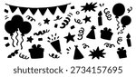 Set of hand-drawn party silhouettes featuring balloons, confetti, gifts, and bunting for celebration-themed designs and decorations.