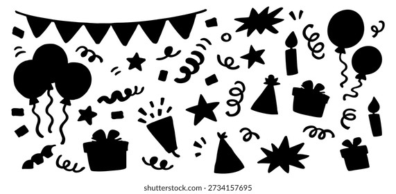 Conjunto de siluetas de fiesta dibujadas a mano con globos, confeti, regalos y emparedados para diseños y decoraciones con temas de celebración.
