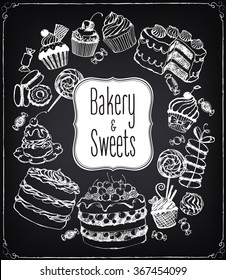 Set of hand-drawn pastries and sweets. Bakery shop. Vector icons of sweet bakery. Freehand drawing with imitation of chalk sketch