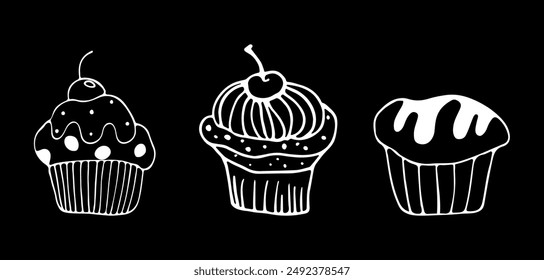 A set of hand-drawn pastry drawings, cupcakes and muffin doodles, chalkboard style bakery doodles