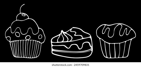 A set of hand-drawn pastry drawings, a muffin, a cupcake and a slice of cake doodles, a chalkboard style bakery doodles