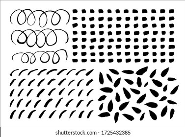 Set of hand-drawn patterns. Black and white vector illustration of EPS-10. Traced ink lines and spots. Decoration for backgrounds, banners and other design.