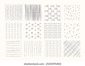 Set of hand-drawn patterns. Vector textures, black ink, pencil, brush. Geometric doodle shapes of spots, dots, circles, strokes, stripes, lines. Template for social media, posters, prints, doodles	
