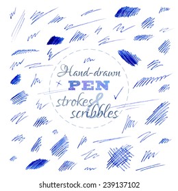 Set of hand-drawn pen strokes and scribbles. Various shapes isolated on white background. Vector illustration.