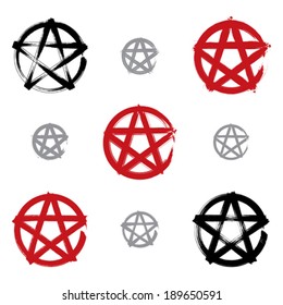 Set of hand-drawn pentagram icons scanned and vectorized, collection of brush drawing red magic polygonal stars, hand-painted sheriff symbols isolated on white background.