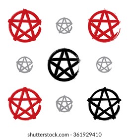 Set of hand-drawn pentagram icons scanned and vectorized, collection of brush drawing red magic polygonal stars, hand-painted sheriff symbols isolated on white background.