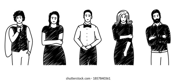 Set of hand-drawn people characters. Vector illustration of 5 cartoon clip-art characters of men and women standing. Hand-drawn black and white doodle with a group of stylishly dressed men and women
