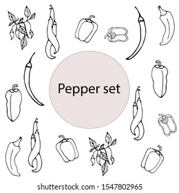 Set of hand-drawn peppers, chili, bell peppers, chili peppers on a branch. Isolated on white background