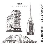 Set of hand-drawn Perth buildings, elements sketch vector illustration. 