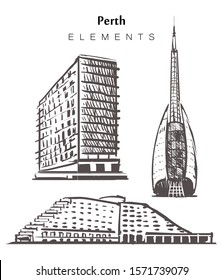 Set of hand-drawn Perth buildings, elements sketch vector illustration. 