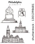 Set of hand-drawn Philadeelphia buildings elements sketch vector illustration. Liberty bell, Benjamin Franklin National Memorial, Philadelphia city hall, independence hall.