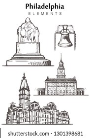 Set of hand-drawn Philadeelphia buildings elements sketch vector illustration. Liberty bell, Benjamin Franklin National Memorial, Philadelphia city hall, independence hall.