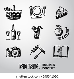 Set of handdrawn picnic icons - basket, plate with spoon, sandwich, photo camera, wine, glass with cocktail, apple and banana, bbq, book. Vector