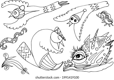 The set of hand-drawn pictures consists of silhouettes of a penguin, a raven, a monster. Design for logo, print, imprint, tattoo, coloring, textiles, postcards.