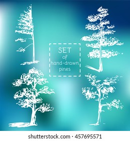 Set of hand-drawn pines. Sketch design. White on blur background.
