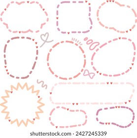 Set of hand-drawn pink purple color style speech bubbles Cute memo with blank to text. Collection of doodle lettering speech box.Colorful dialog frame in flat design for short message.Sticker for chat