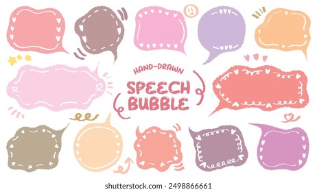 Set of hand-drawn pink purple color style speech bubbles Cute memo with blank to text. Collection of doodle lettering speech box.Colorful dialog frame in flat design for short message.Sticker for chat