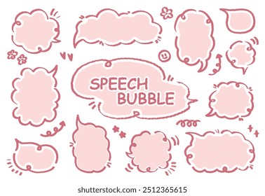 Set of hand-drawn pink purple color style speech bubbles Cute memo with blank to text. Collection of doodle lettering speech box.Colorful dialog frame in flat design for short message.Sticker for chat