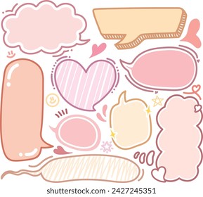 Set of hand-drawn pink yellow color style speech bubbles Cute memo with blank to text. Collection of doodle lettering speech box.Colorful dialog frame in flat design for short message.Sticker for chat