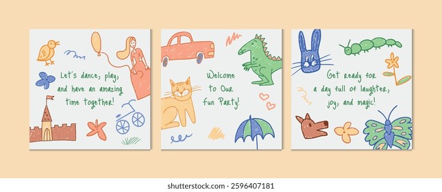 Set of hand-drawn playful doodles with animals, butterfly, dinosaur, princess, castle, car, umbrella, and decorative elements. Fun children's party invitation with crayon sketch style. Vector