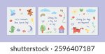 Set of hand-drawn playful doodles with cat, rabbit, dinosaur, bear, frog, fish, tree, house, sun, clouds, rainbow, butterfly and decorative elements. Fun childrens celebration invitation with crayon