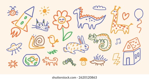 Set of hand-drawn playful Doodles of Rocket, Flower, Dinosaur, Giraffe, Rabbit, Chameleon, Snail, UFO, Fish. Colorful childish crayon drawing. Vector illustration.