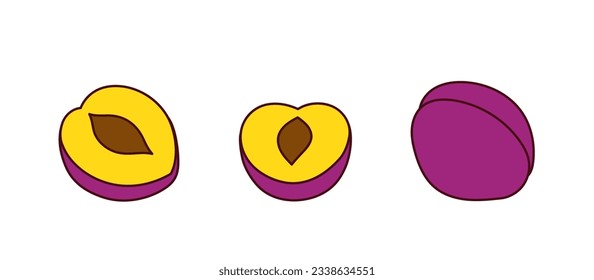 Set of hand-drawn plums on a transparent background. Isolated vector illustration of juicy fruit