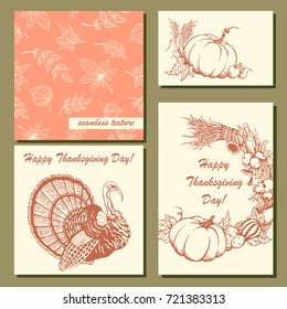 Set of hand-drawn postcards for Thanksgiving Day. Hand-drawn vegetables, turkey, leaves

