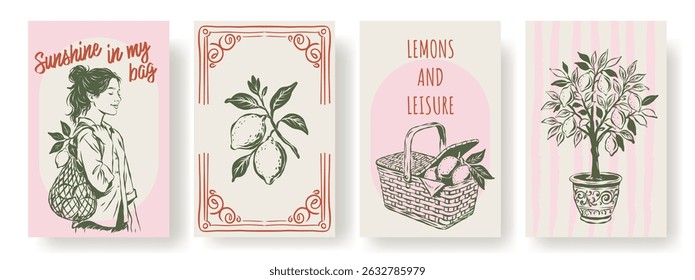 Set of hand-drawn posters with lemons, trees, and summer elements. Retro Italian La Dolce Vita theme. Perfect for kitchen decor, packaging, postcards, Mediterranean illustrations