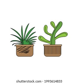 Set with hand-drawn pots with indoor plants, coloring page Premium Vector