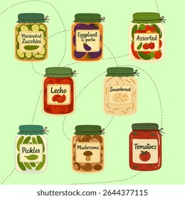 Set of hand-drawn preserved vegetables in jars: pickles, tomatoes, mushrooms, lecho, sauerkraut, eggplant, assorted mix. Flat style, transparent background.