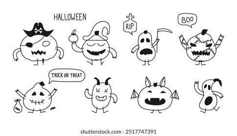 Conjunto de calabazas dibujadas a mano con emociones de Halloween. Boceto de pirata, mago con poción, muerte con guadaña, diablo, murciélago con ojos divertidos, piernas y brazos. Ilustración de contorno negro con trazo editable.