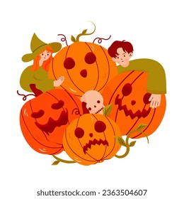 Set of hand-drawn pumpkins on a white background. The main symbol of the Halloween holiday. Orange pumpkins with smiles for your holiday design. Happy Halloween vector illustration.